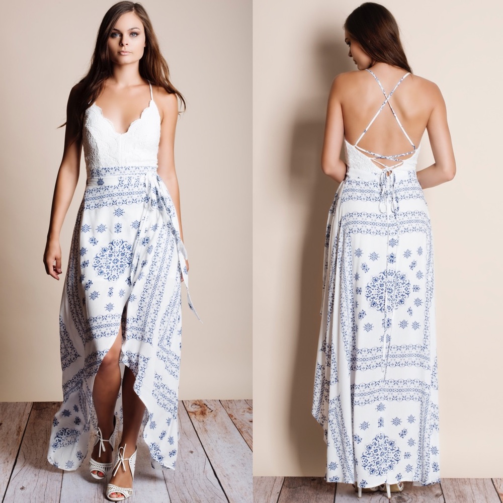 Printed Crochet Wrap Dress